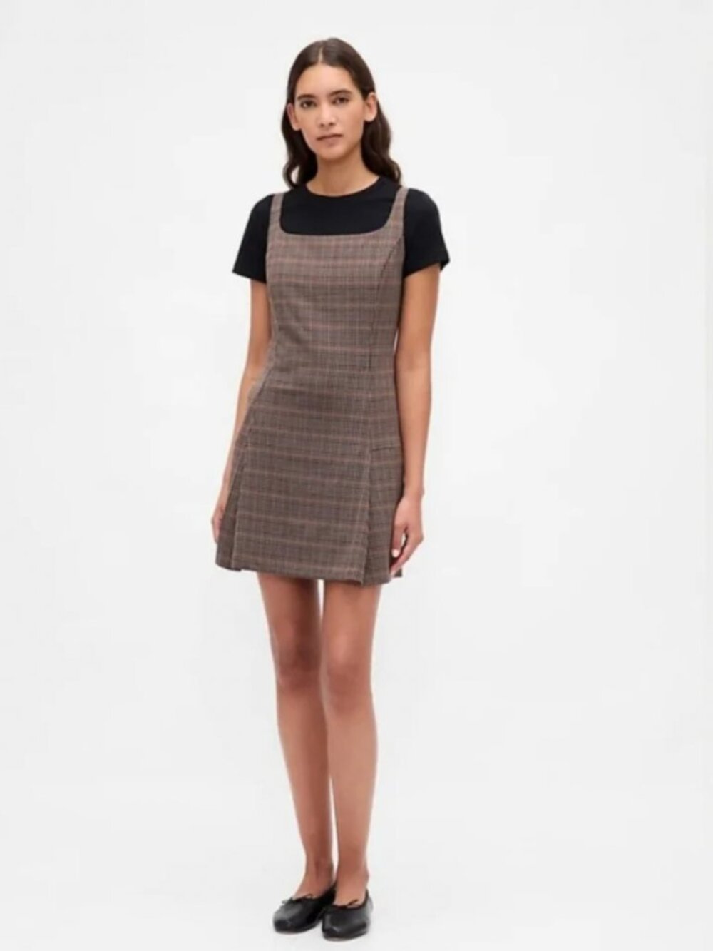 Gap Square Neck Pleated Mini Dress in Brown Plaid - large